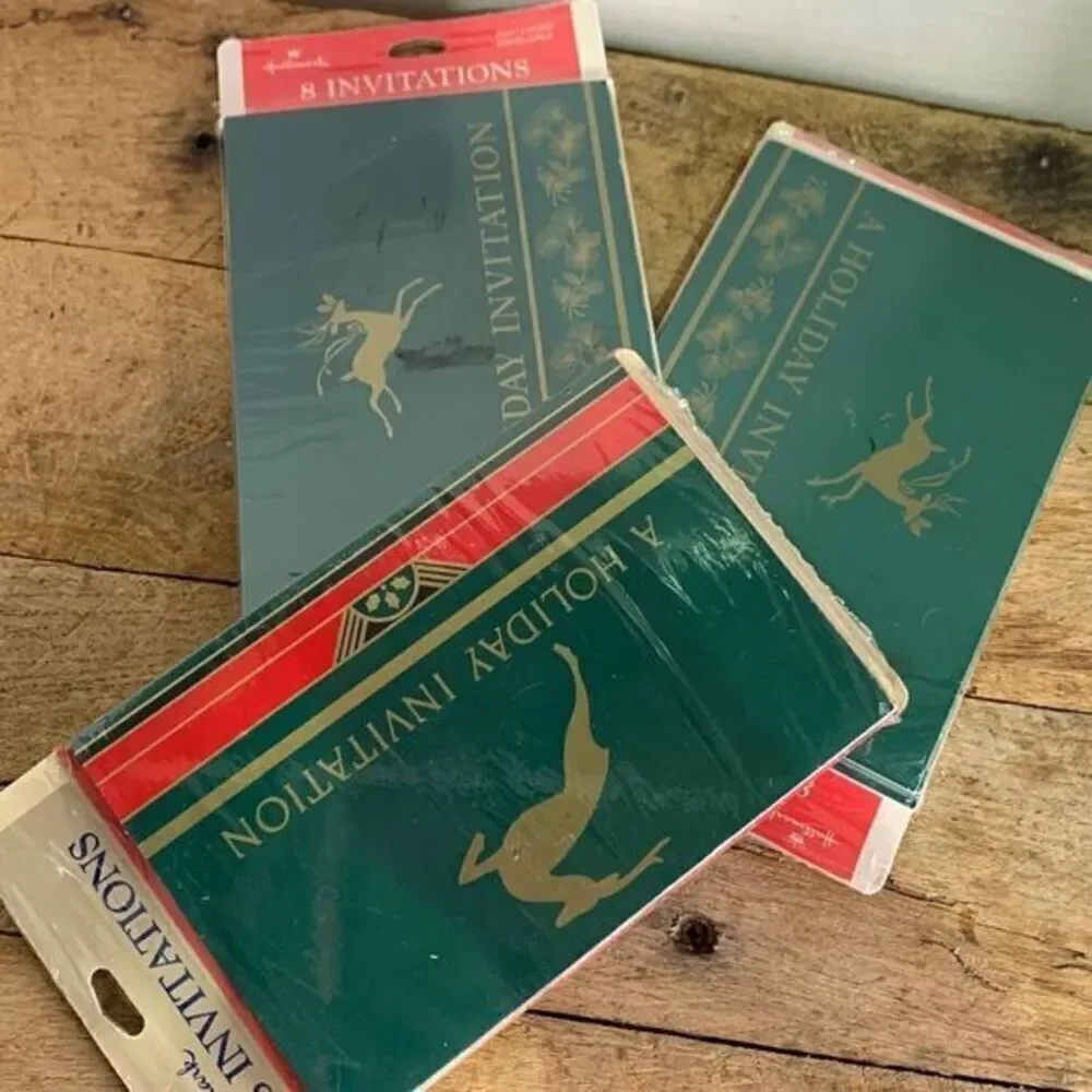 VTG Hallmark‎ holiday invitation cards reindeer red green gold